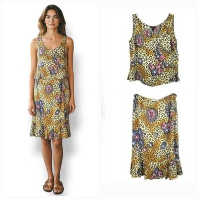 Vintage Escada 100% Silk Leopard & Diamond Print Camisole Tank & Skirt Set Sz M