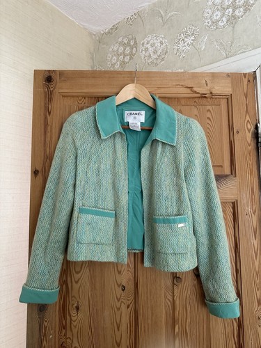 Chanel, CHANEL Vintage Türkis Tweed Mohair Seide Sakko Blazer FR 42 Made in France