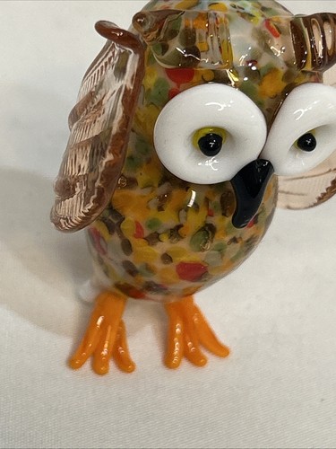 Art Glass OWL Figurine Miniature Hand-Blown Brown Swirls 2” Approx - Picture 2 of 8
