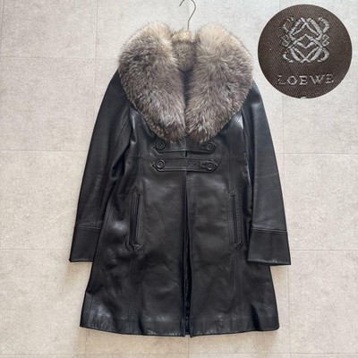 Loewe Leather Coat Lambskin Black Anagram 38 Long Fox Fur