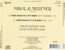 Image of CHLOË HANSLIP / IGOR TCHETUEV MEDTNER: VIOLIN SONATAS NOS. 1 & 3 NEW CD