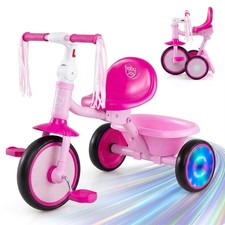 Foldable Toddler Tricycle w/Lighting Wheels, Adjustable Seat, Storage Basket