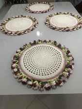 Six crocheted Plate Mats For Dinning Table  By Sil Crochet Tulips Detail