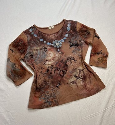 VTG Bohemian Y2K Mcbling Aztec Western Long Sleeve L Babydoll Baby Tee JPG Style