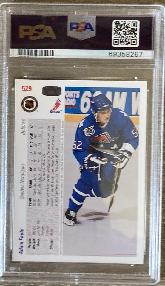 Adam Foote 1991 Upper Deck #529 Rookie Card PSA 10 Quebec Nordiques Legend - Image 2 of 2