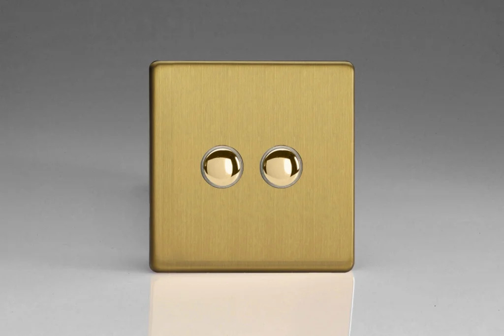 Switch Brass Double Push 6A 2-Gang 2-Way Screwless Brushed Varilight XDBP2S