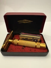 Vintage 1930s Heavy GILLETTE Gold Plated RAZOR SHAVING SET W/Blades & Box RARE 