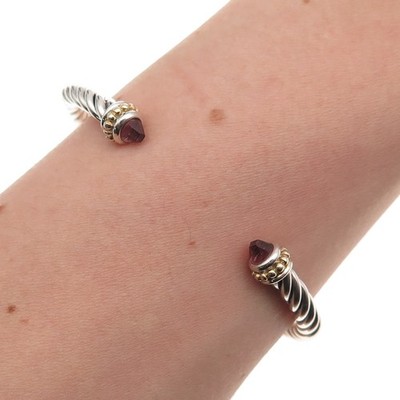 925 Sterling Silver 2-Tone Real Amethyst Cable Cuff Adjustable Bracelet 6.25''