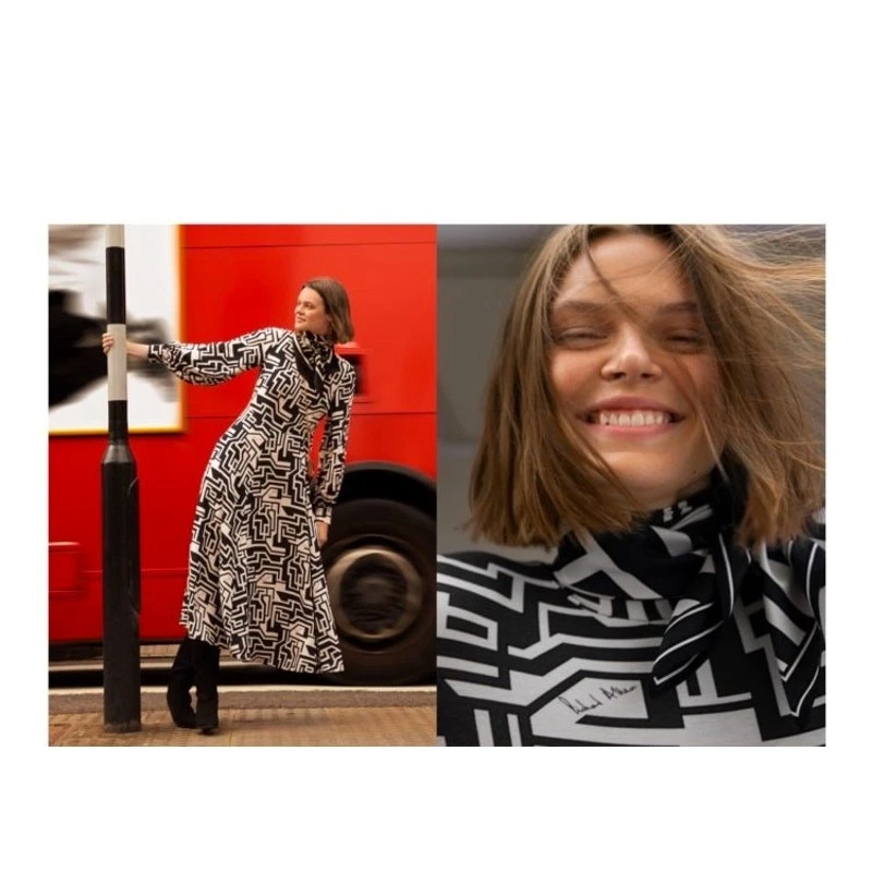 Vestido midi fluido H&M x Richard Allan negro blanco patrón geométrico talla 12 Foto 4 de 4