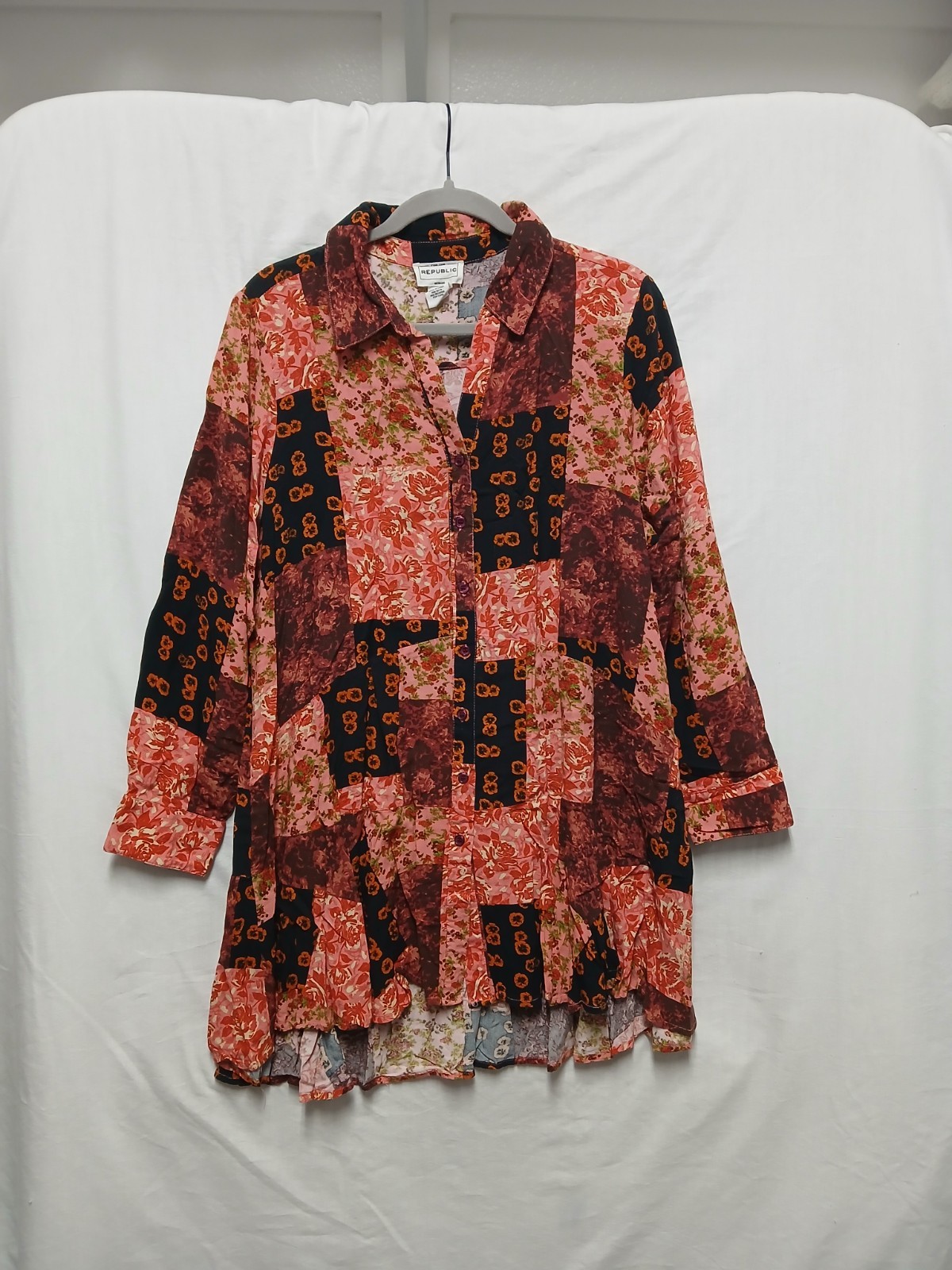 For The Republic Womens Tunic 1X Floral Patchwork Boho Cottage Prairie Feminine
