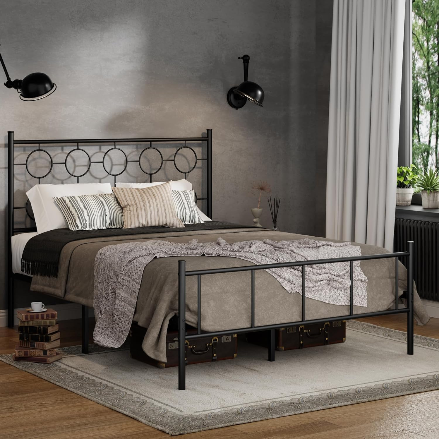 Classic Victorian Metal Platform Bed Frame with Storage - Easy Assembly (Black)