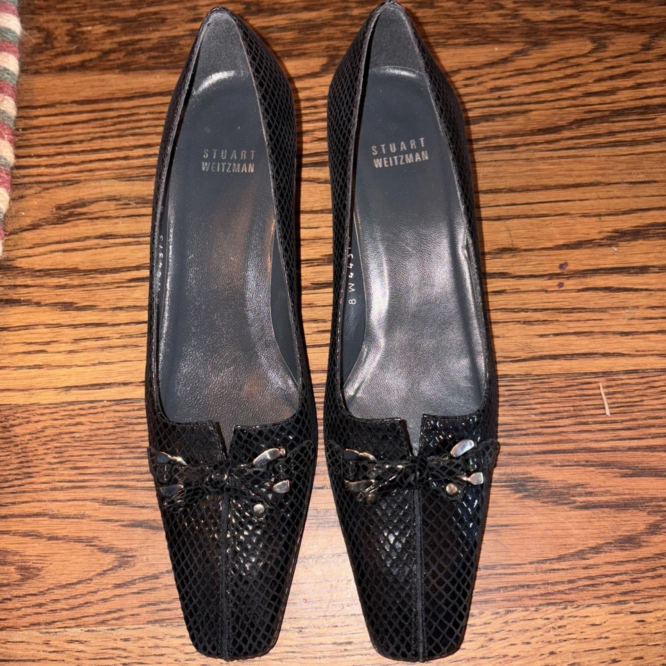 Tacón de gatito vintage Stewart Weitzmen piel de serpiente negra con lazo talla 8 N Foto 2 de 4