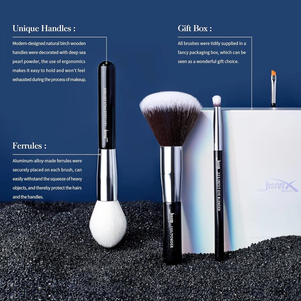 Jessup 25 piezas Juego de brochas de maquillaje profesional base en polvo negro/plateado Foto 4 de 4