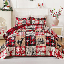 3 Pieces Christmas Quilt Queen Size, Red Plaid Quilt Bedding Set with 2 Pillow S