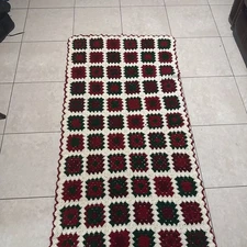 Handmade Holiday Granny Square Crocheted Runner, Red, Green, and Cream