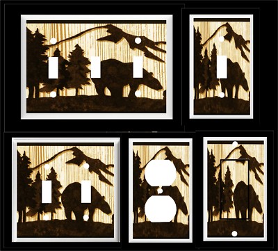 BEAR PINE TREE MOUNTAIN SILHOUETTE LIGHT SWITCH COVER PLATE  RUSTIC CABIN DECOR