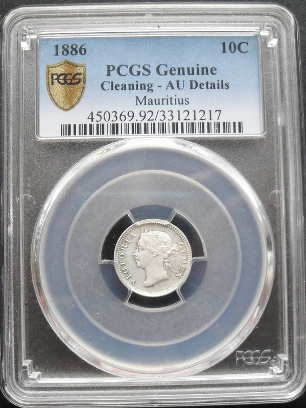  1886 Mauritius 10 C, PCGS AU details , nice silver  coin.    #4-9