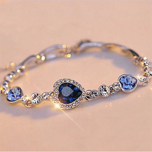 Rhinestone Bracelet Silver Jewellery Bangle Crystal Heart Shape for Women - Picture 2 of 13