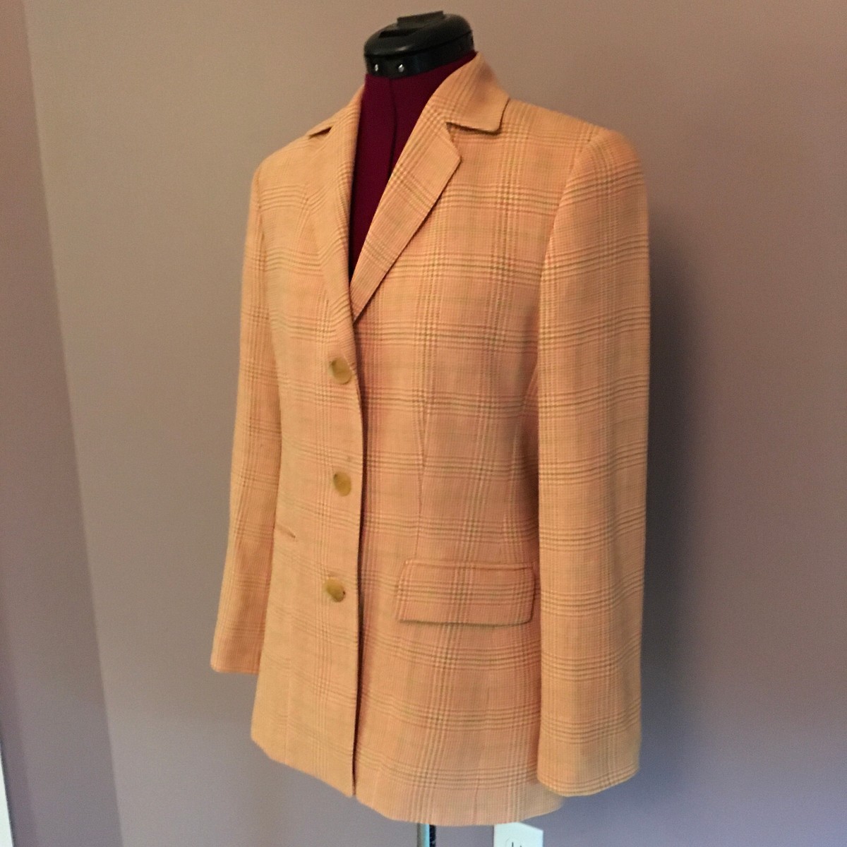 ANN TAYLOR Women's Wool Blend Notch Collar Check Jacket Blazer Cream/Peach  Sz