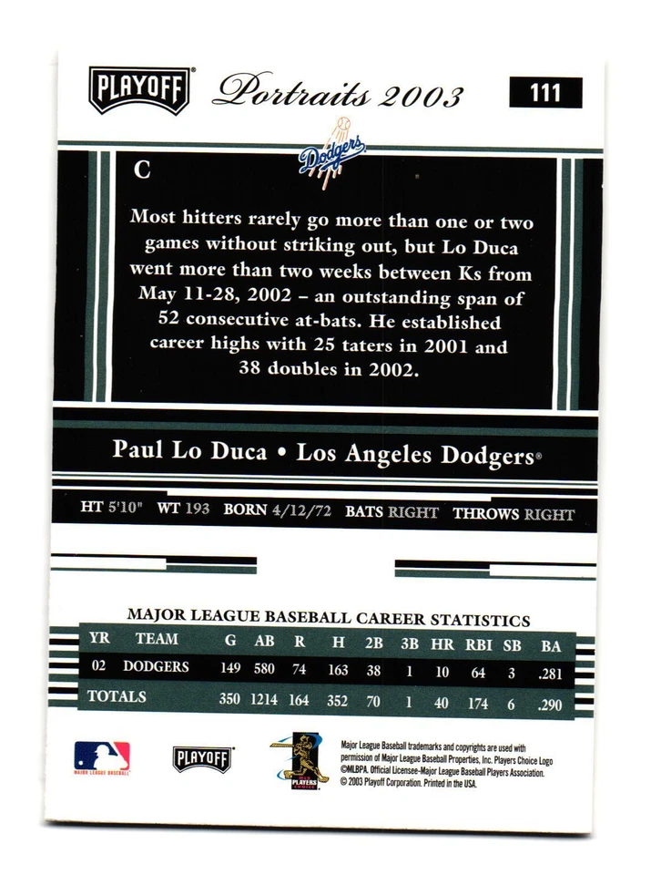 2003 Playoff Portraits #111 Paul Lo Duca Los Angeles Dodgers - Image 2 of 2