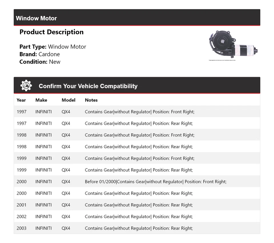 Para 1997-2003 Infiniti QX4 Ventana Motor Cardone 1998 1999 2000 2001 2002 Foto 2 de 4