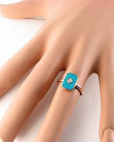 9K 9CT ROSE GOLD TURQUOISE DIAMOND ART DECO INS RUBOVER RING FREE RESIZING - Picture 5 of 5