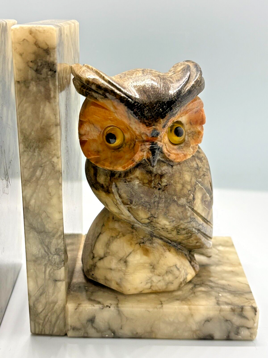 Vtg Alabaster Owl Bookends MCM Hand Carved Stone Glass eyes Italy