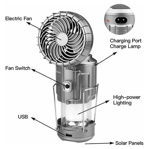 Solar-Camping-Laterne mit Ventilator, Notfall-Taschenlampe zum Aufladen Des3635 - Bild 2 von 7