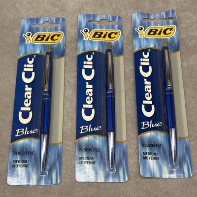 Vtg Bic Clear Clic Pens Medium Point Ball Pens Blue Ink Prop NOS 1994 Lot Of 3