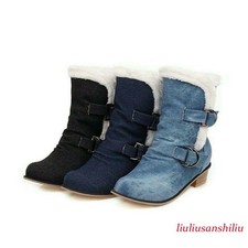 Botas al tobillo de mezclilla para mujer Zapatos de jean con hebilla Tacones gruesos Punta redonda Talla grande Chic