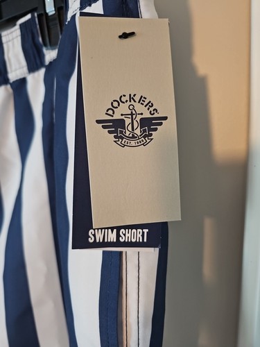 Men's Dockers Swim Short With Drawstring Pockets Liner Quick Dry Blue Stripe 2XL - Picture 2 of 5