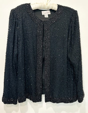 Vintage Lawrence Kazar Women's Black Silk Seed Beaded Evening Jacket Sz XL