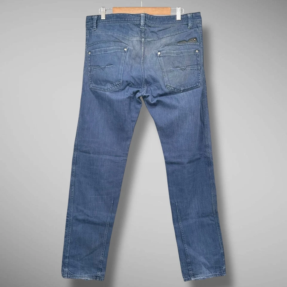Jeans Diesel Darron Para Hombres 34x34 Azul Regular Ajustado Cónico Desteñido Motociclista Grunge Foto 4 de 4