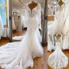 Deep V Neck Wedding Dresses Long Sleeves Sweep Trian Elegant Bridal Gowns