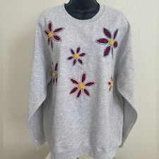 Boho Cottagecore Hand Embroidered Floral Sweatshirt One of a Kind Women s L