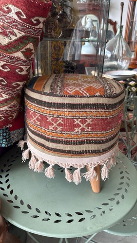 Ottoman Vintage Coffee Stool With Vintage Tribal Kilim Rug Design - 35cm x 35cm - Picture 3 of 4