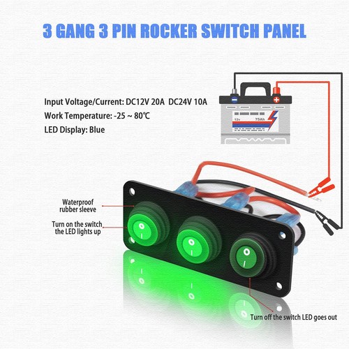 3 Gang Toggle Rocker Switch Panel Green LED Breaker Waterproof Widely Fits fo... - Picture 6 of 7