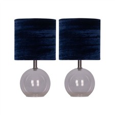 Set of 2 Clear Glass Globe Table Lamps Bedside Lights Navy Blue Velvet Shade