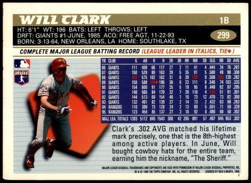 Will Clark #299 1996 Topps - Imagen 2 de 2