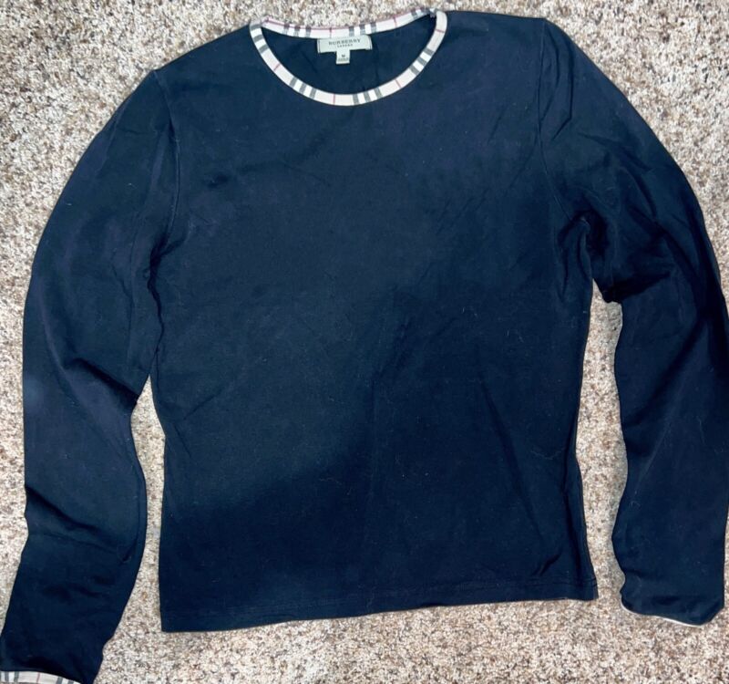 Women's Vintage Burberry Crew Neck Blouse Long Sleeve Shirt Plaid Trim Medium M Women's Vintage Burberry Crew Neck Blouse Long Sleeve Shirt Plaid Trim Medium M