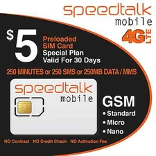 SpeedTalk $5 GSM SIM Card 250 Minutes or Text or MB Data 30-Day Wireless Service