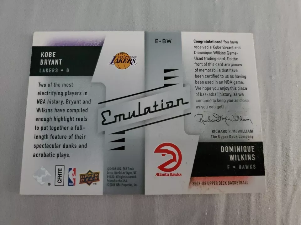 Camiseta deportiva de juego 2008 Upper Deck Emulation doble reliquia Kobe Bryant Dominique Wilkins Foto 3 de 3