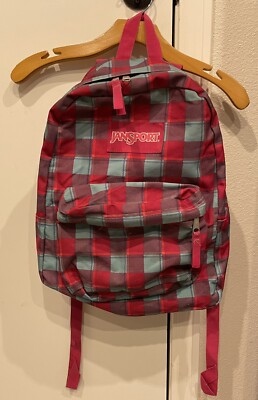 Jansport Backpack Plaid Checkered Bag Red Maroon Green Two