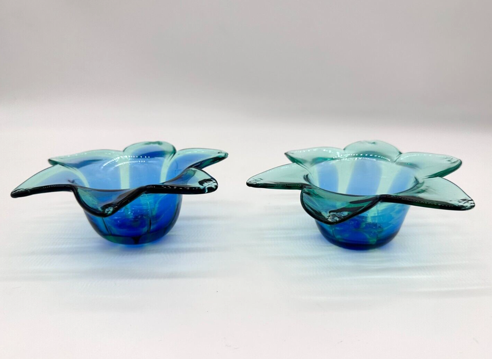 2 Murano Style Green Flower Art Blown Glass Bowl Votive Candle Holder