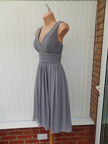 ELIZA J SILVER GREY SHEER PLEAT CHIFFON 50'S FLARE SCARF MIDI DRESS 10 £139 ONCE - Picture 6 of 14