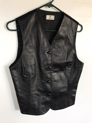 Vintage Zanella black leather button up biker vest Italy 37" Bust 21" Length - Picture 4 of 10