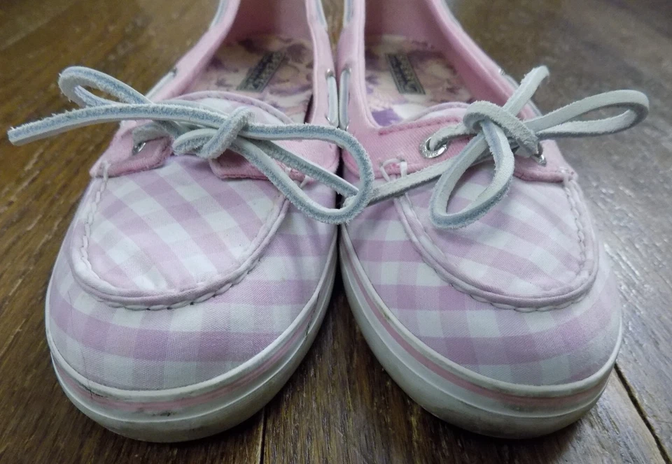 Zapatos de cubierta de barco SPERRY Top-Sider tela BLANCO ROSA guinga corbata de cuero a cuadros 8,5 Foto 4 de 4