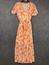 A New Day Womens Size Medium Orange Floral S/S V-Neck Midi Dress EUC