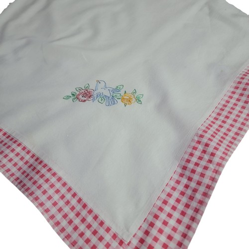 Vtg Handmade Square Embroidered Cardtable Tablecloth Gingham Boarder 45" x 45" - Imagen 11 de 11