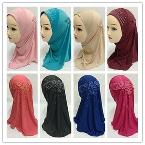 Muslim Kids Girls Long Scarf Islamic Shawls Children Flower Headwear Hijab Caps